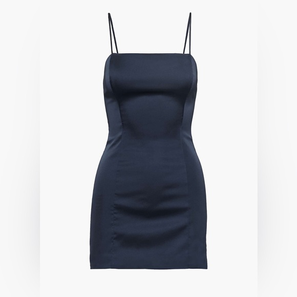NWT Aritzia Sunday Best Shimmer Satin Mini Dress Navy - Picture 3 of 7